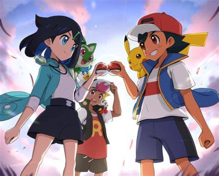 Ash in the Pok&eacute;mon anime running with his Pikachu, Bulbasaur, Squirtle, and Charizard.