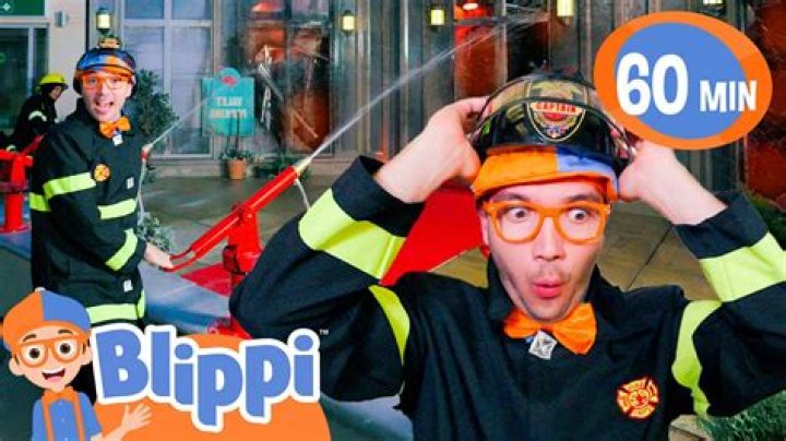 Blippi wearing a firefighter's suit (L). The YouTuber in his signature attire (R)
