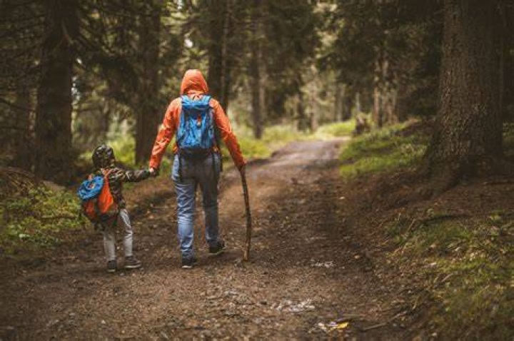 Dad and little boy backpacking through woods in Light of my Life