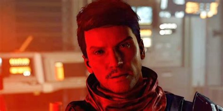 Delgado, the leader of Starfield's Crimson Fleet, with his mouth in an 