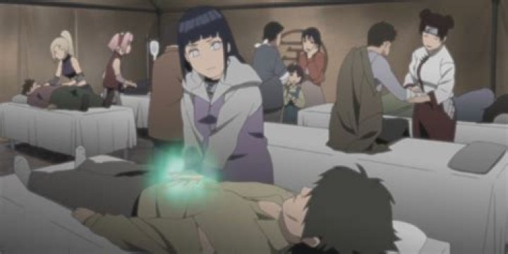 Hinata using Mystical Palm to heal an injured shinobi in Naruto Shippuden