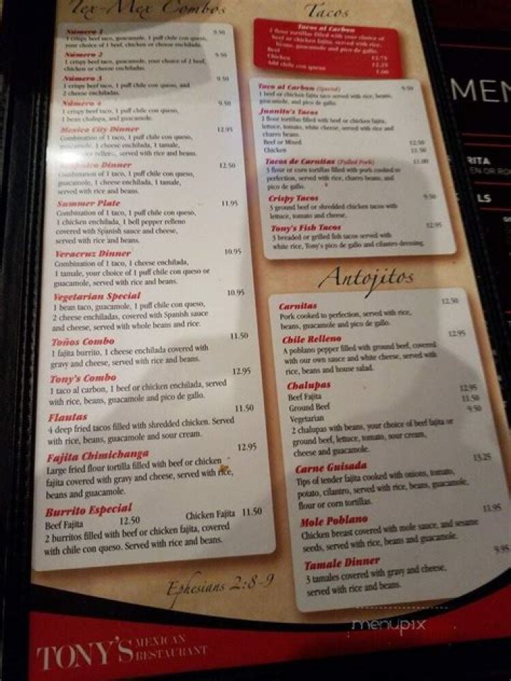 Menu of Tony's Pizza, Ballantyne, Charlotte