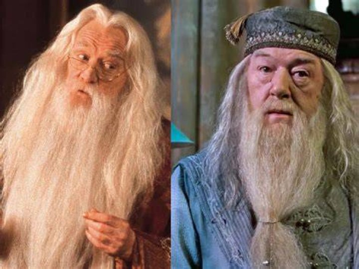 Michael Gambon as Dumbledore pointing his wand in Harry Potter