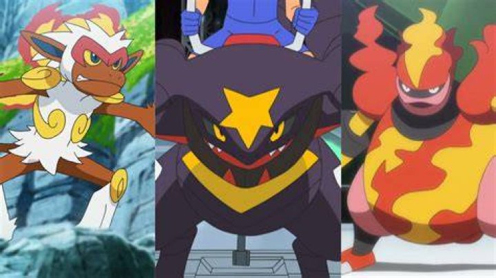 Split image of Infernape, Garchomp, and Magmortar from the Pokemon anime series.