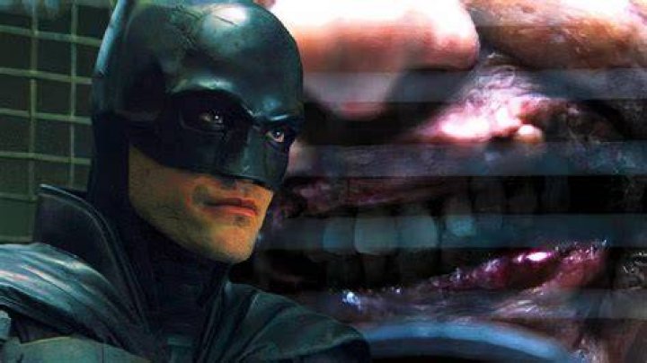 Split image of Robert Pattinson in the Batsuit at a crime scene and in the Batcave in The Batman
